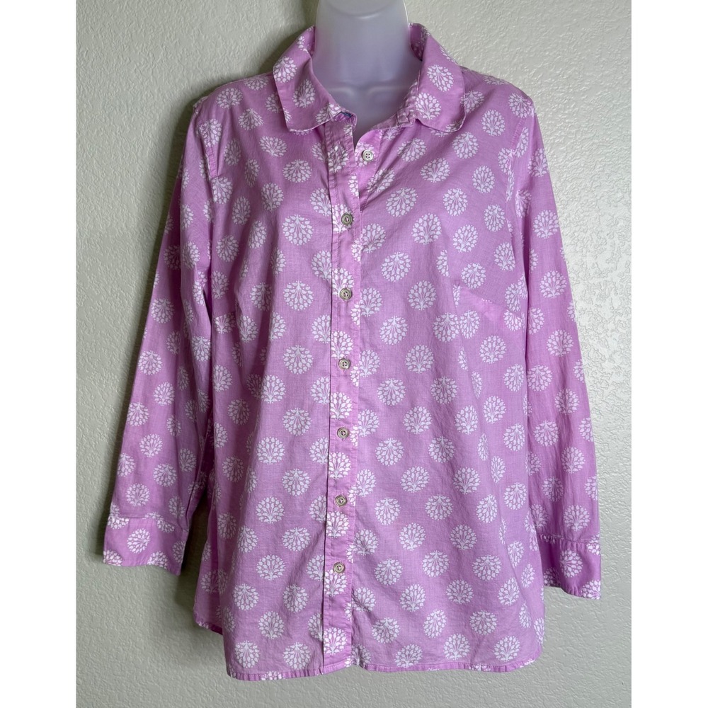 Talbots 1X Button Front‎ Shirt Pink Floral Medallion 100% Cotton Long Sleeve